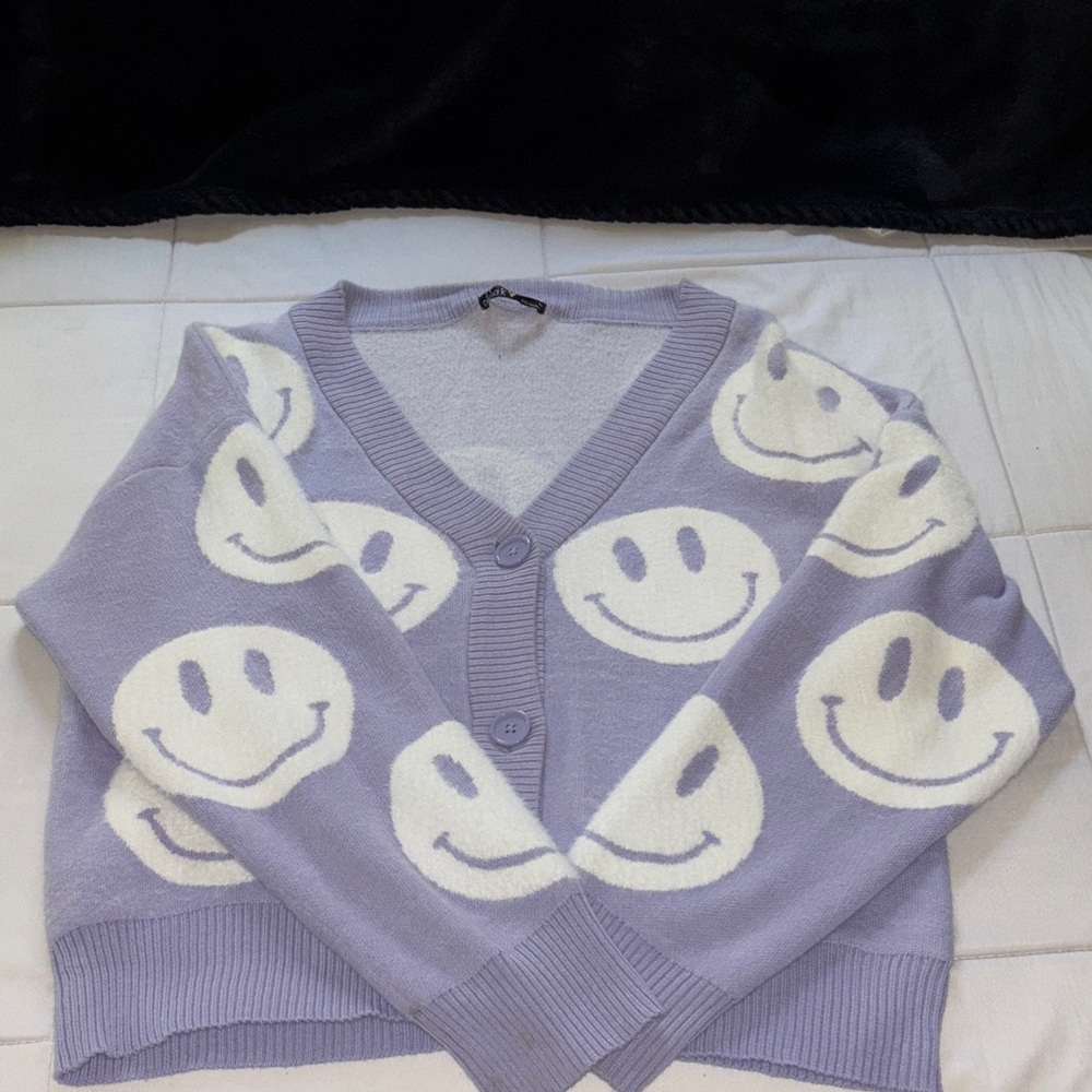 Smiley Face Purple Cardigan Sweater